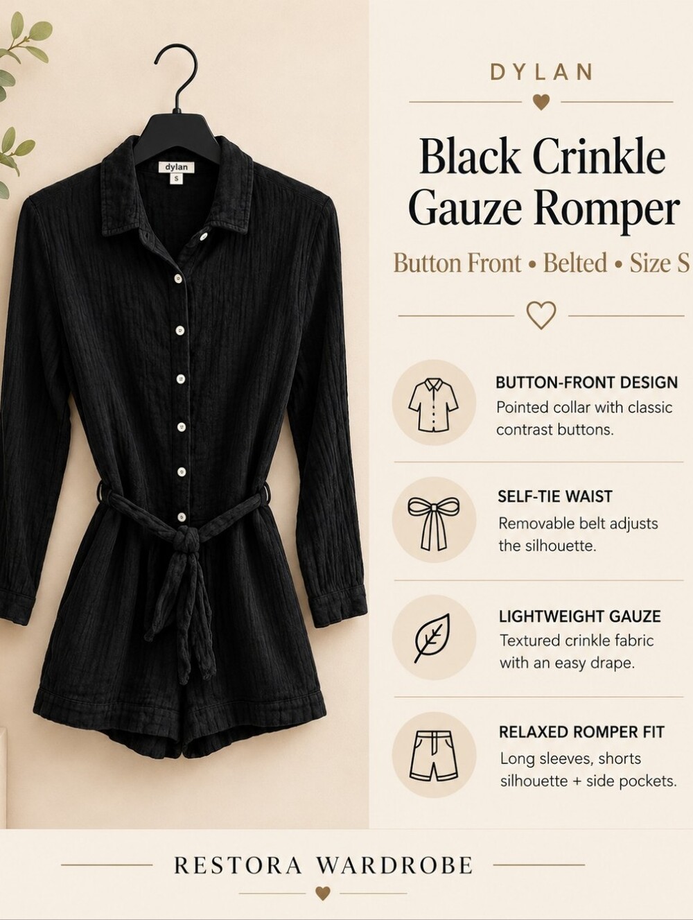 Dylan Black Crinkle Gauze Button Front Belted Romper Size S